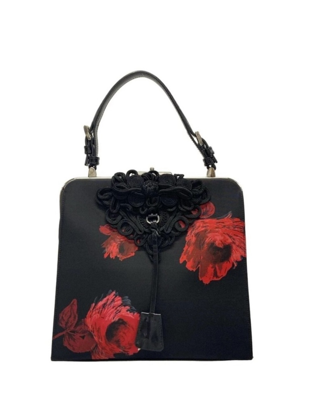 PRADA Black and Red Rose Floral Top Handle Bag Clochette Keys Silver Hardware - Picture 2 of 16